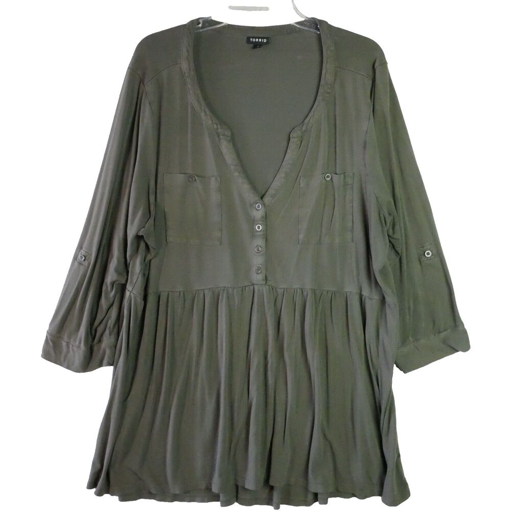 Torrid Womens Size 3 Long Sleeve Army Green Dress Rayon Blend Pockets